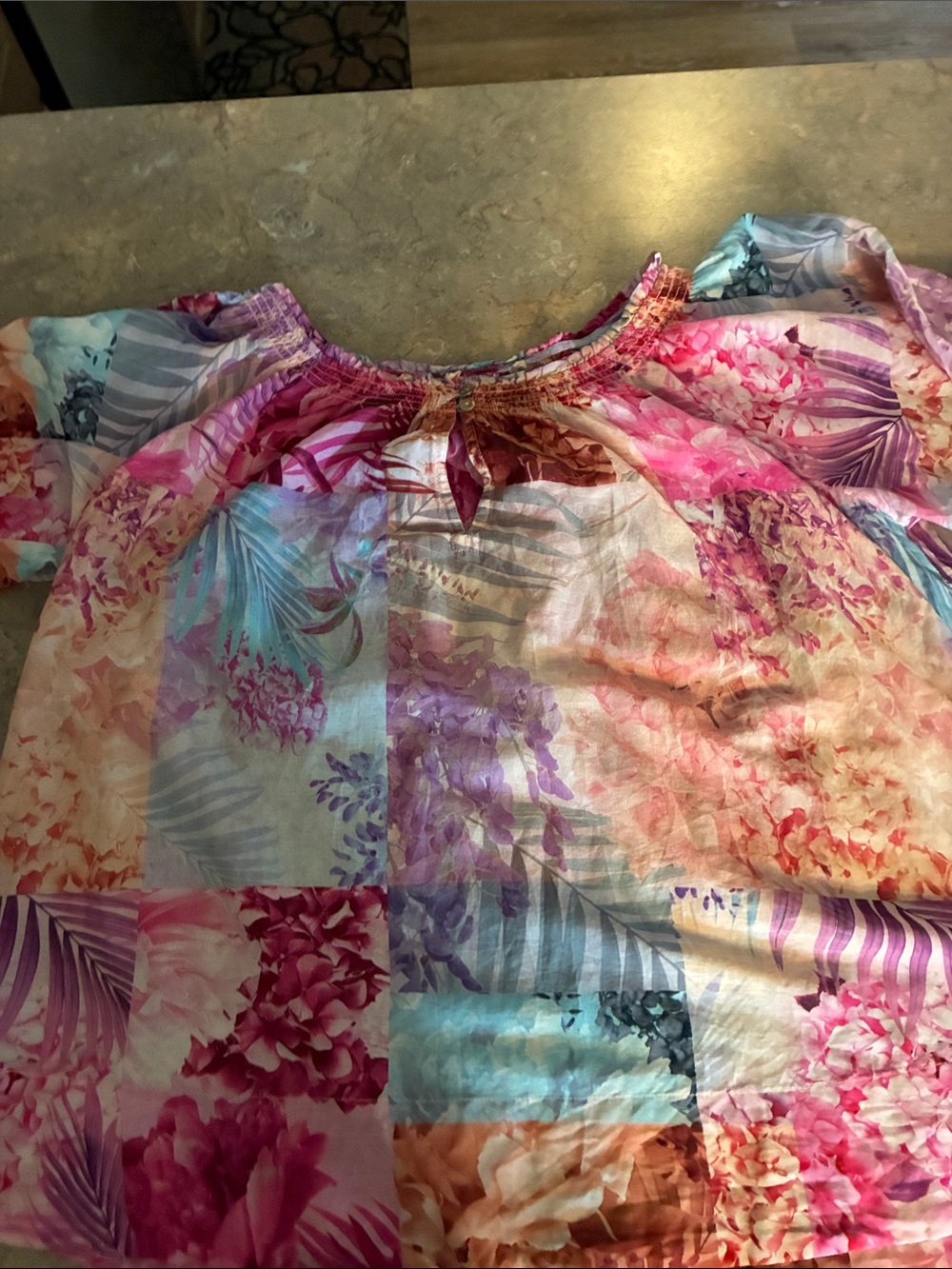 Johnny Was Floral Patchwork Off-Shoulder Tunic in Pink, Purple, Blue and Peach